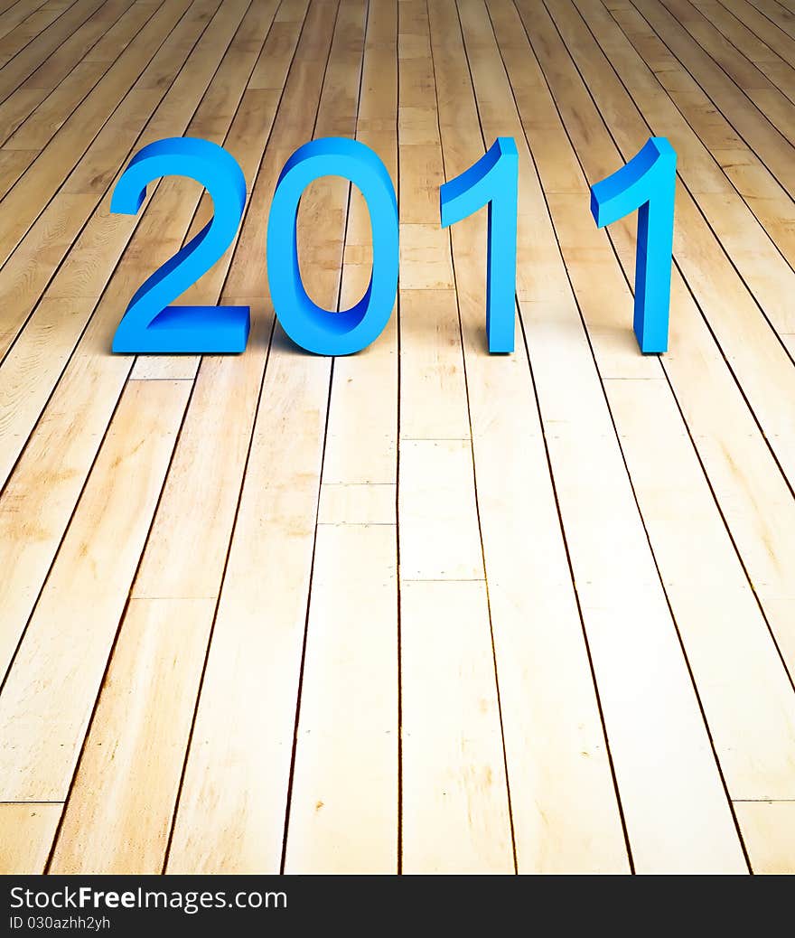 3d new year 2011 on wood background texture perspective view