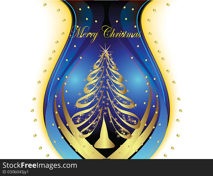 New Year's gold fur-tree. A Christmas fur-tree on a dark blue background