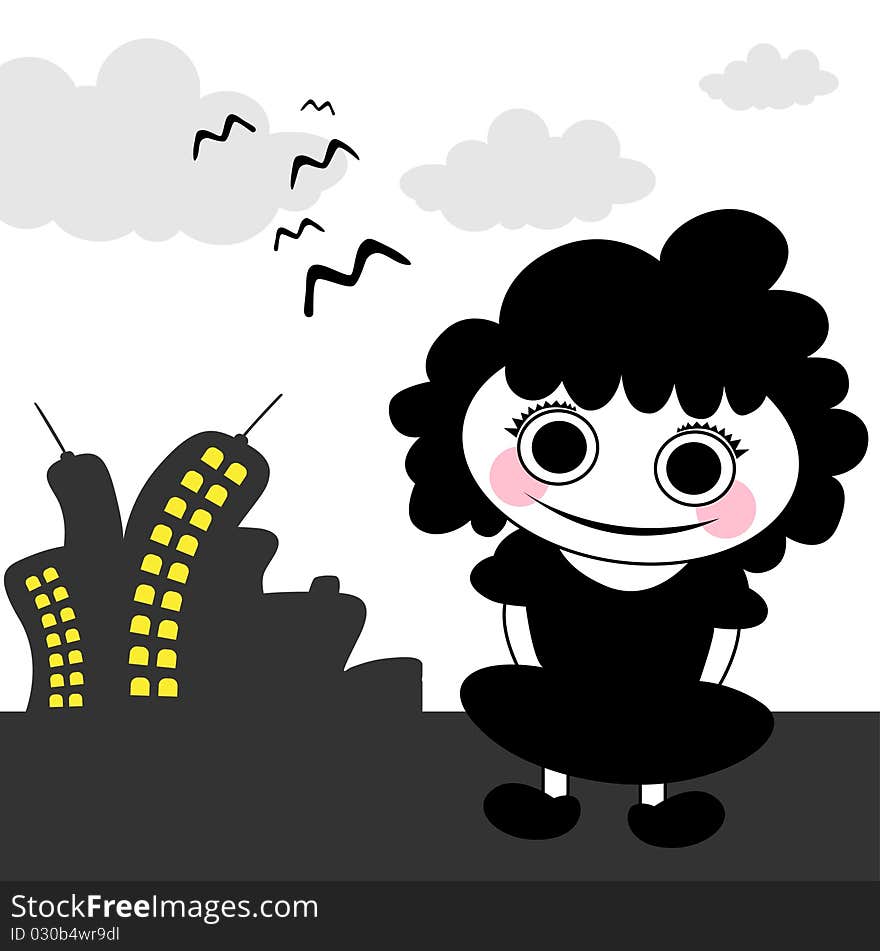 Cute girl with city background illustration vector