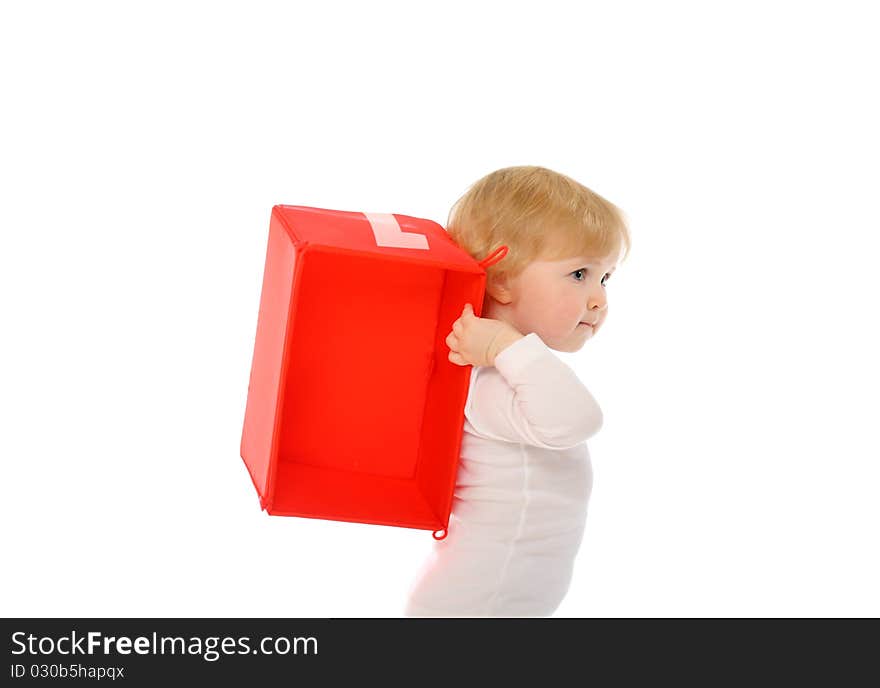 1 year old baby carrying red box behind her back isolated on white. 1 year old baby carrying red box behind her back isolated on white