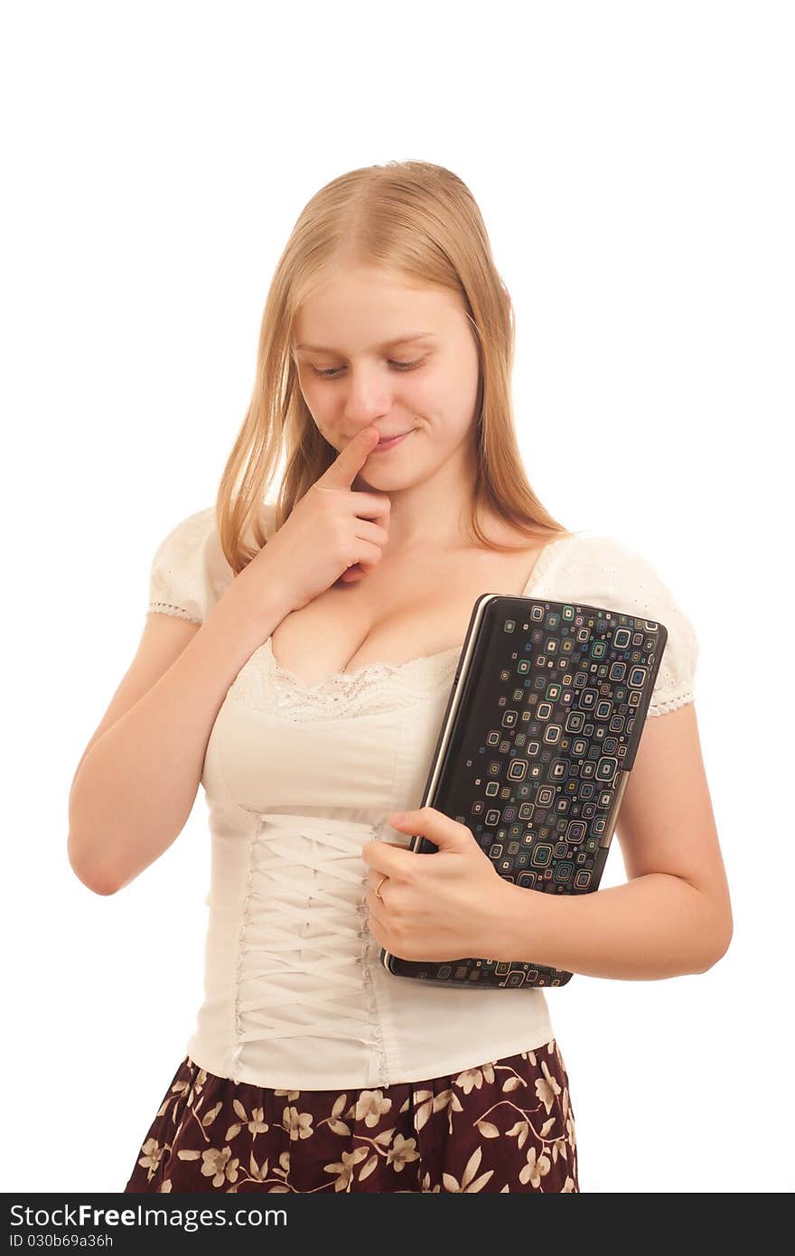 Young adorable businesswoman holding laptop confused, showing tss sign on white