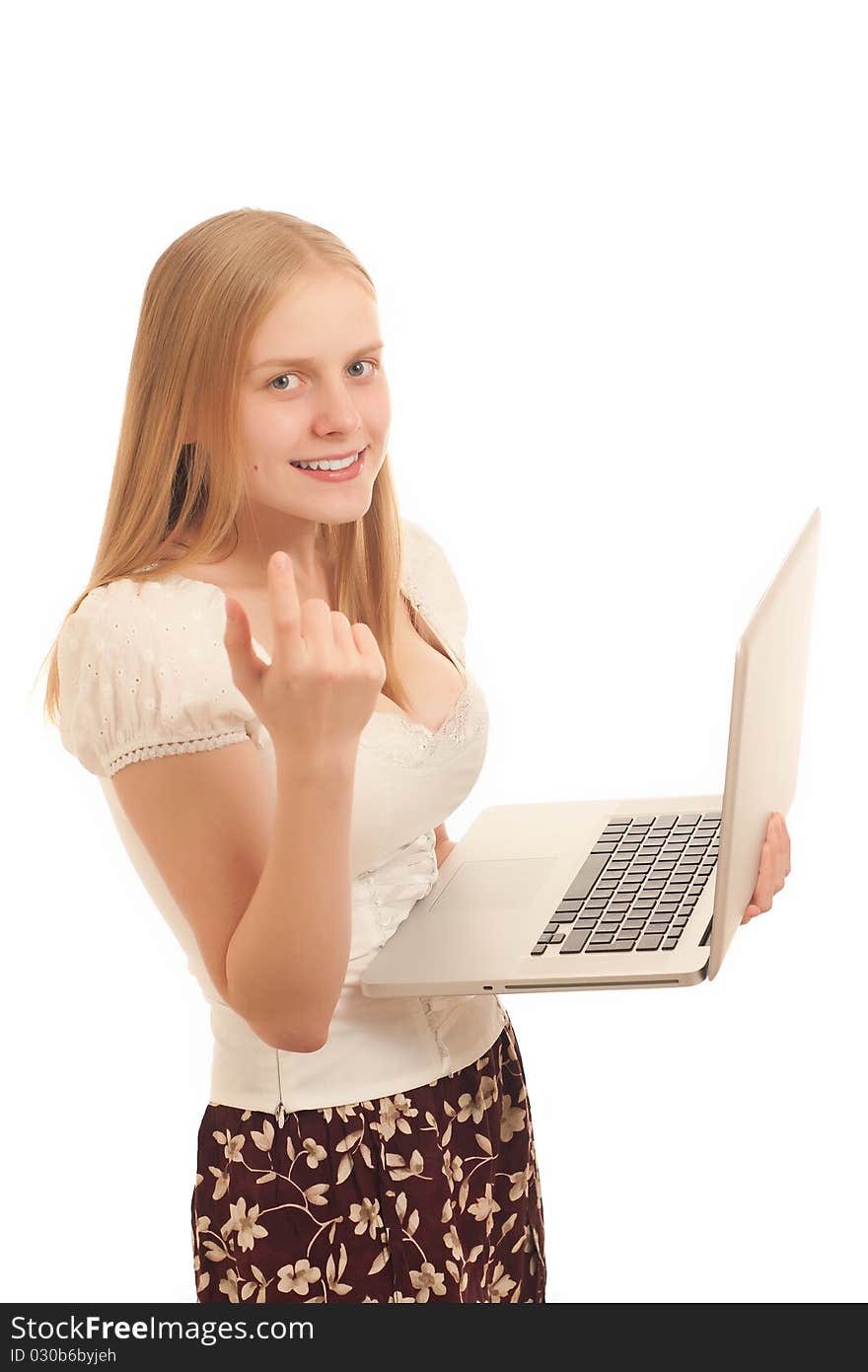 Young adorable businesswoman holding open laptop and showing come-on sign on white. Young adorable businesswoman holding open laptop and showing come-on sign on white