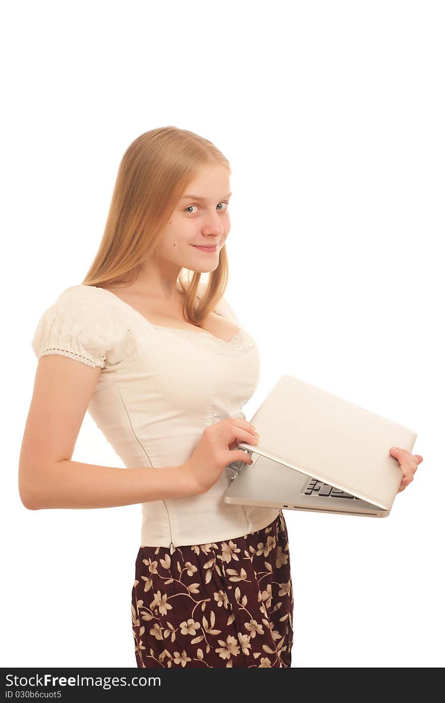 Young adorable businesswoman closing open laptop on white