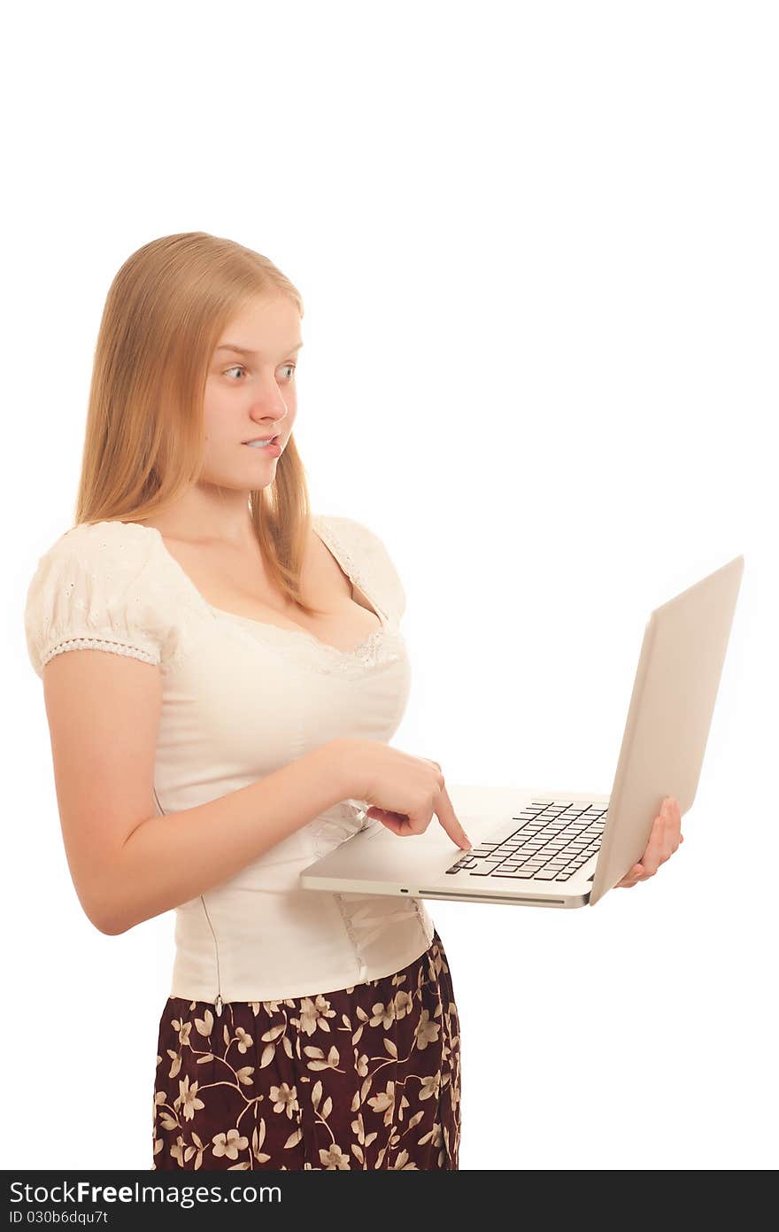 Adorable Businesswoman Holding Open Laptop