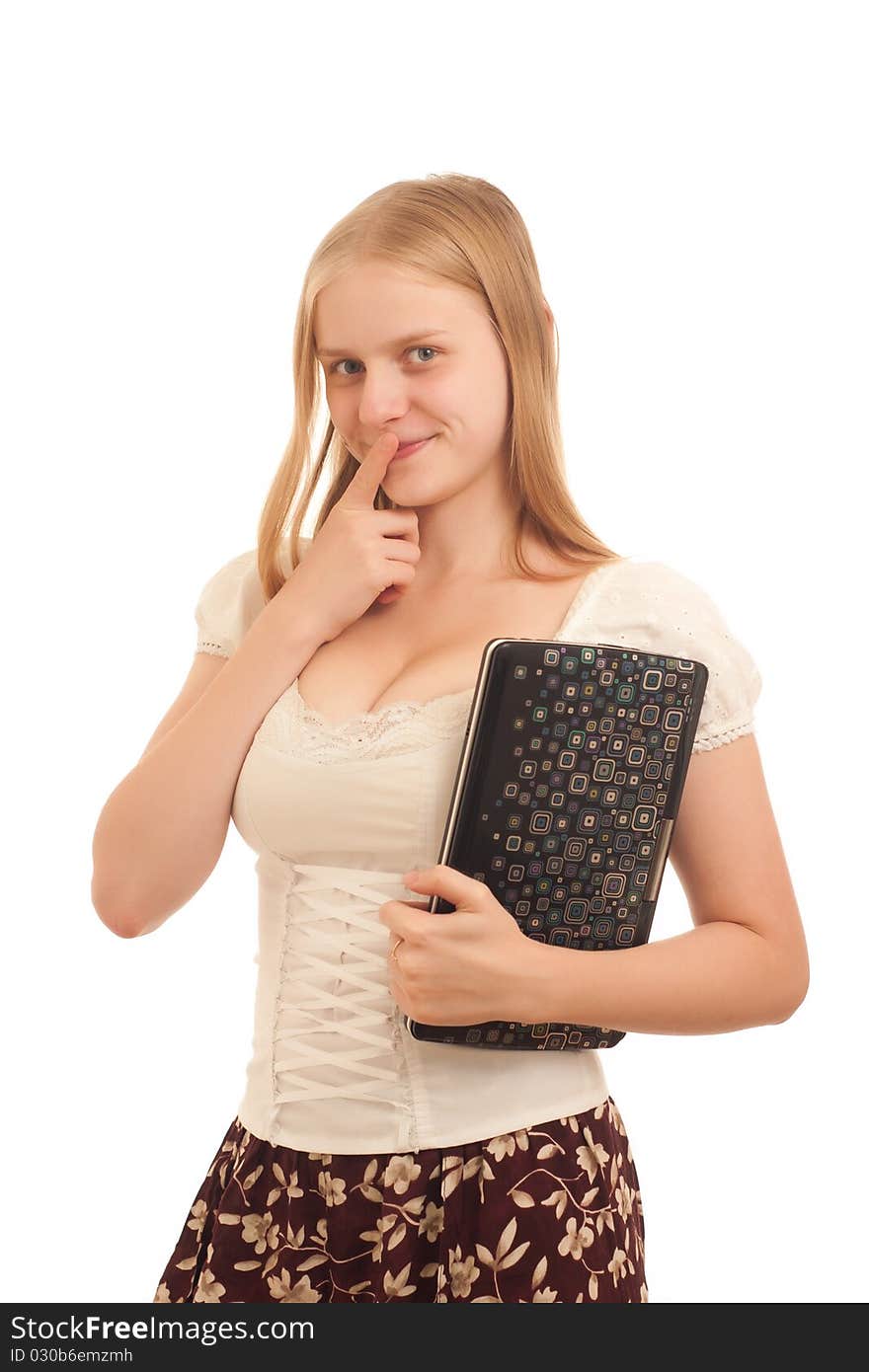 Young adorable businesswoman holding laptop and showing wonder sign on white. Young adorable businesswoman holding laptop and showing wonder sign on white