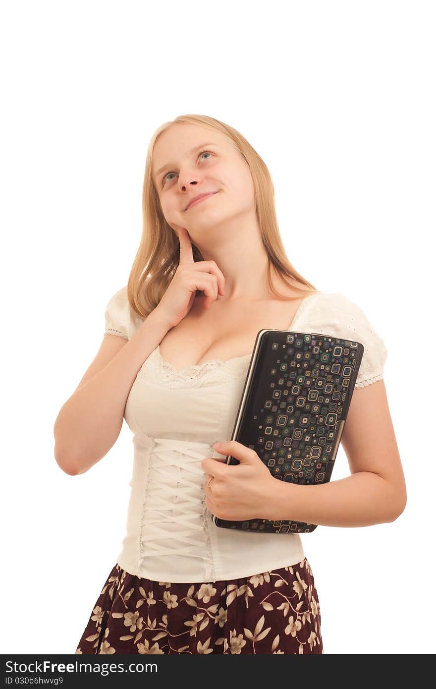 Young adorable carefree businesswoman holding laptop on white