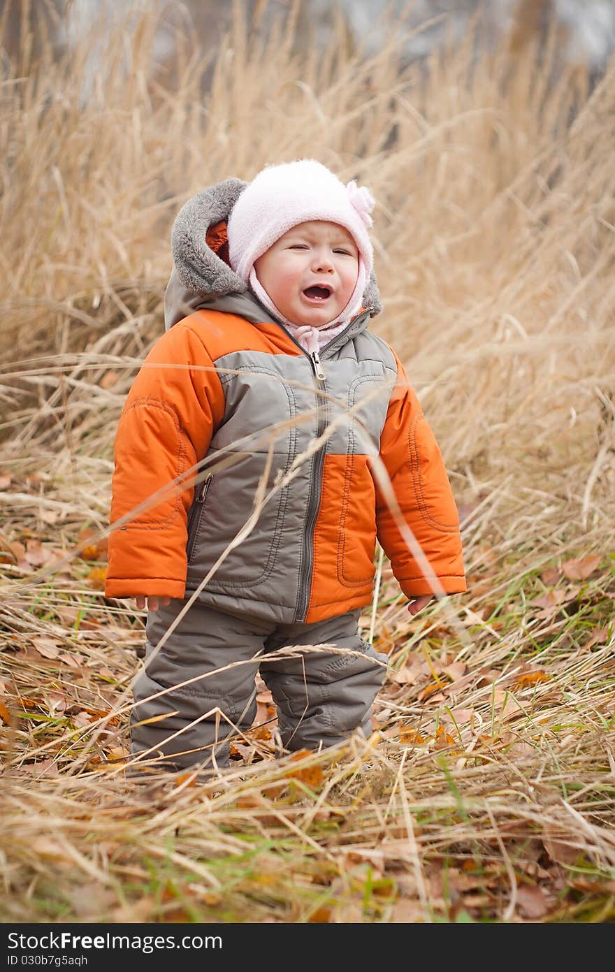 Crying baby walking in autumn grass