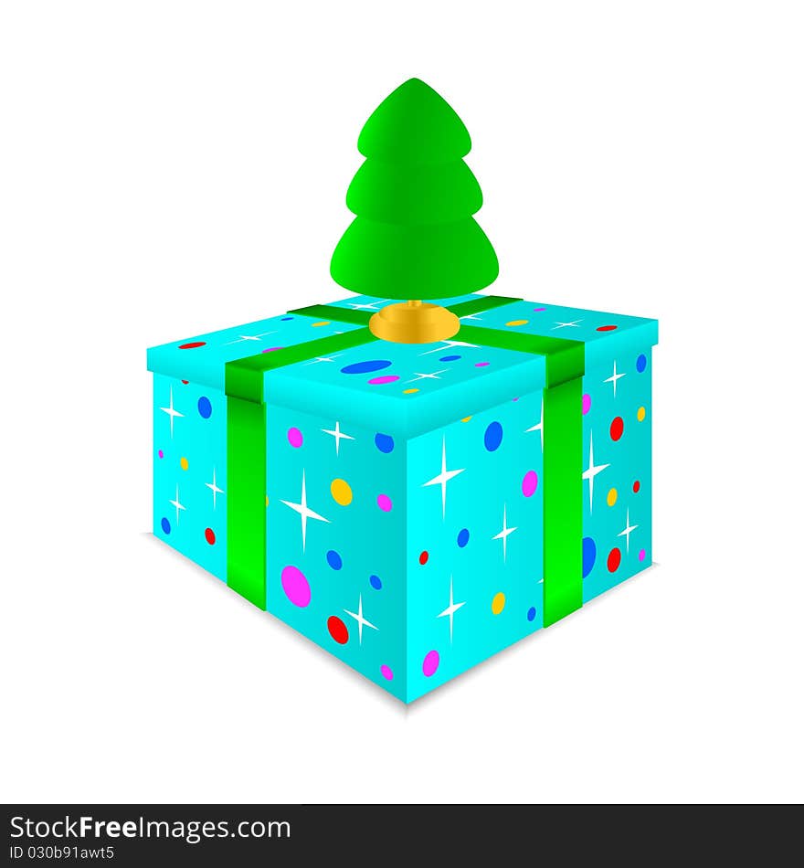 Colourful box with a gift on a white background. On a box there is a green fur-tree. Colourful box with a gift on a white background. On a box there is a green fur-tree.