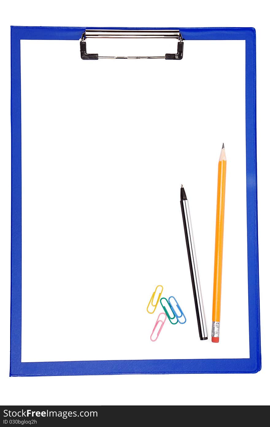 Blue clipboard with paper, pen and pencil isolated on white background. Blue clipboard with paper, pen and pencil isolated on white background