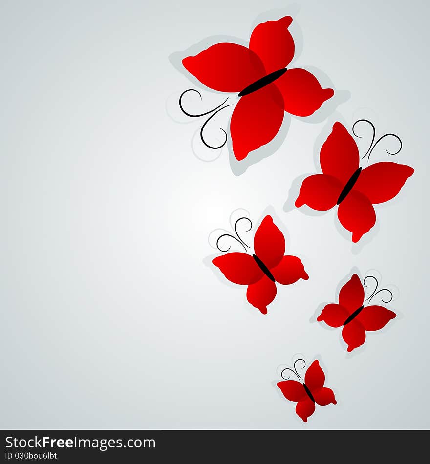 Grey  background with red butterflies. Grey  background with red butterflies