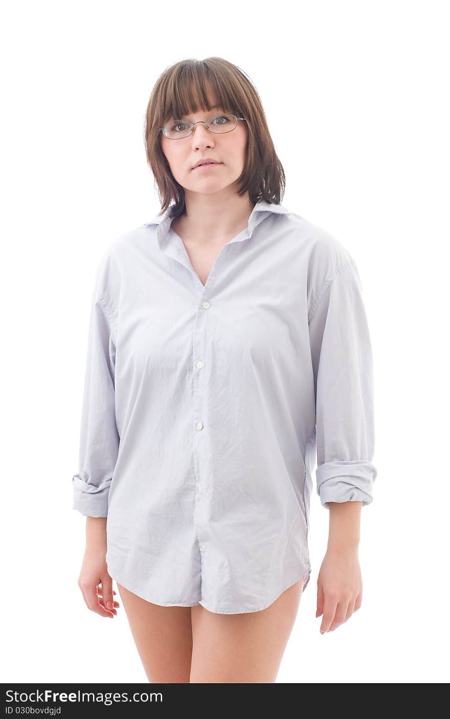 Woman with man's shirt isolated. Woman with man's shirt isolated