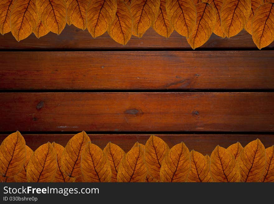 Brown leafs on wood background