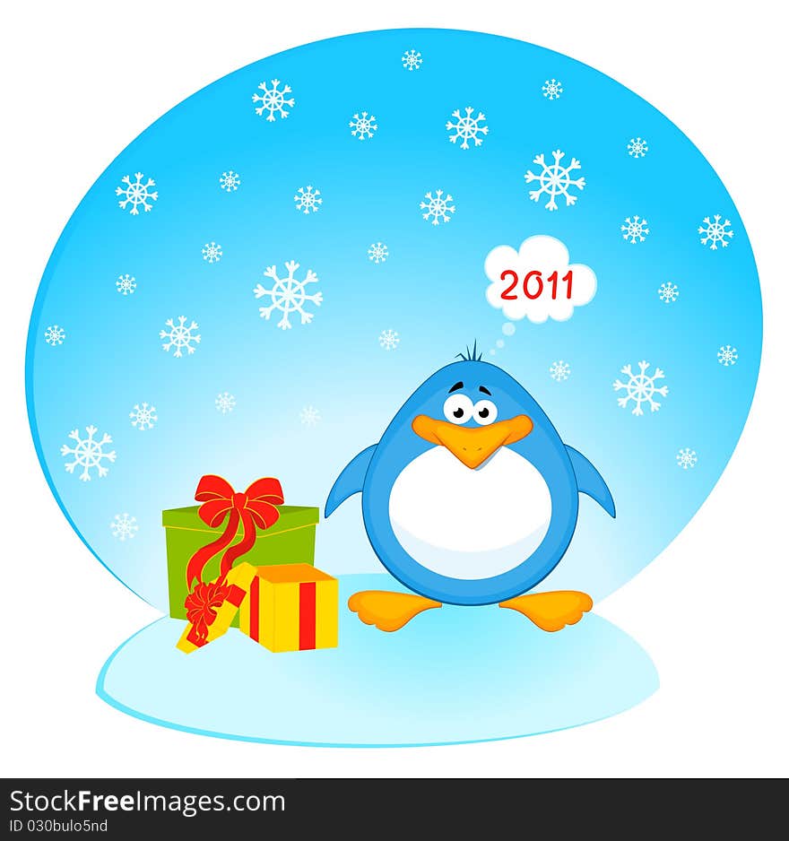 Cartoon Penguin With Gifts