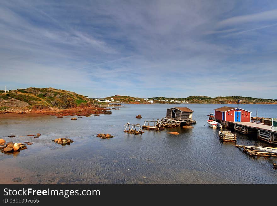 Newfoundland fishing stages on a summers day.