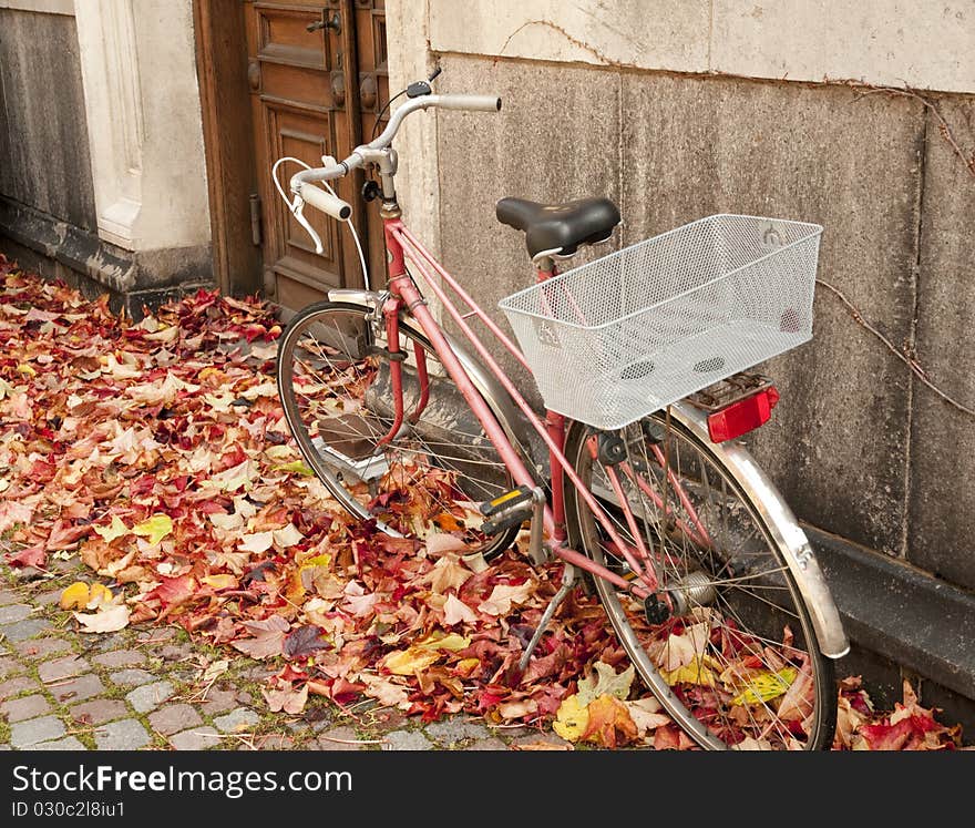 Bicycle standing in the leaves in autumn