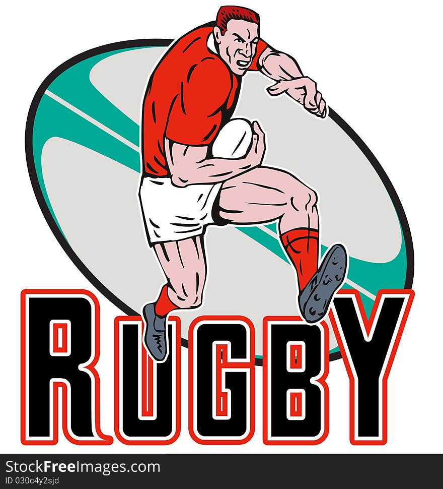 Illustration of a Cartoon Rugby player running fending off with ball in background. Illustration of a Cartoon Rugby player running fending off with ball in background