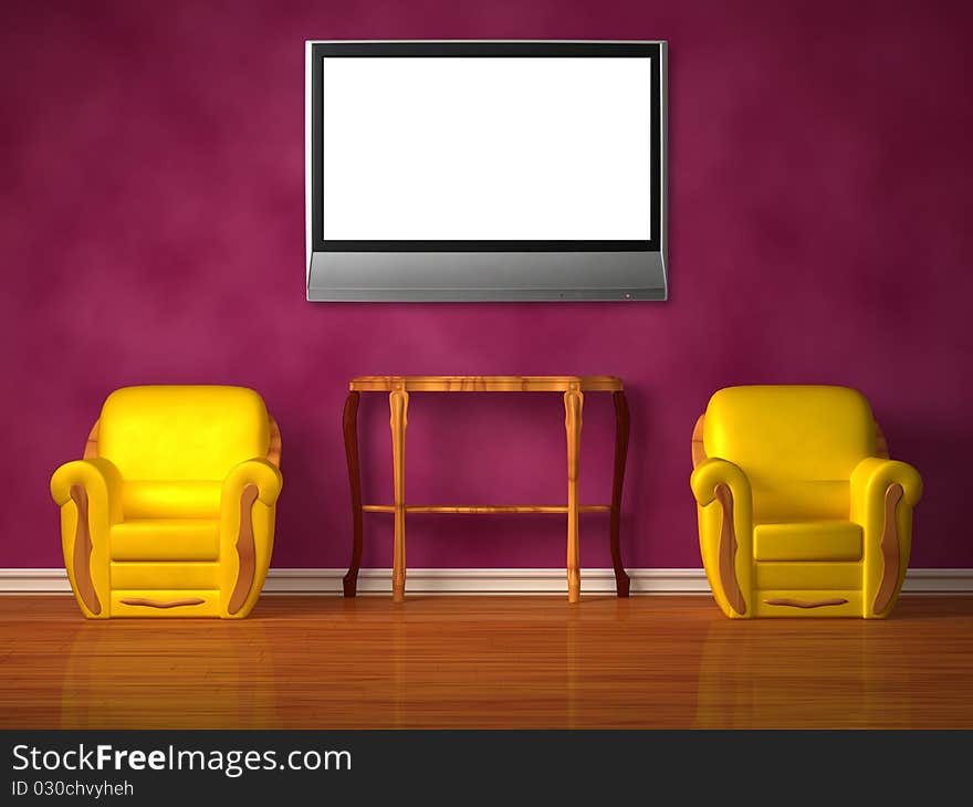 Two chairs with wooden console and lcd tv in purple interior