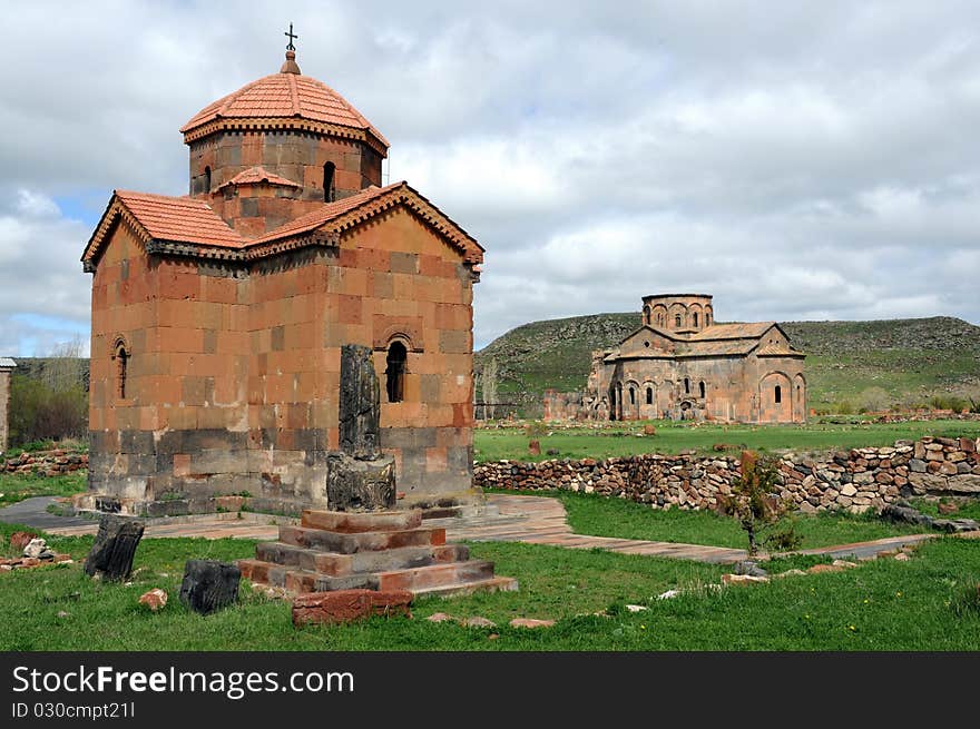 Old medieval church against blue sky background. Old medieval church against blue sky background