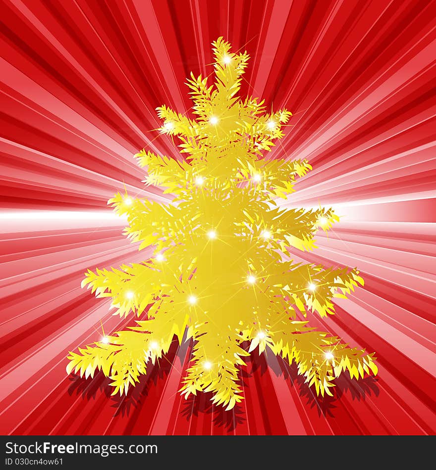 Illustration, gold new year's fir tree on red background