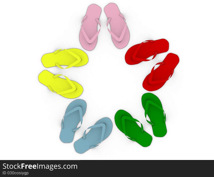 Colored flip-flops isolated on white background