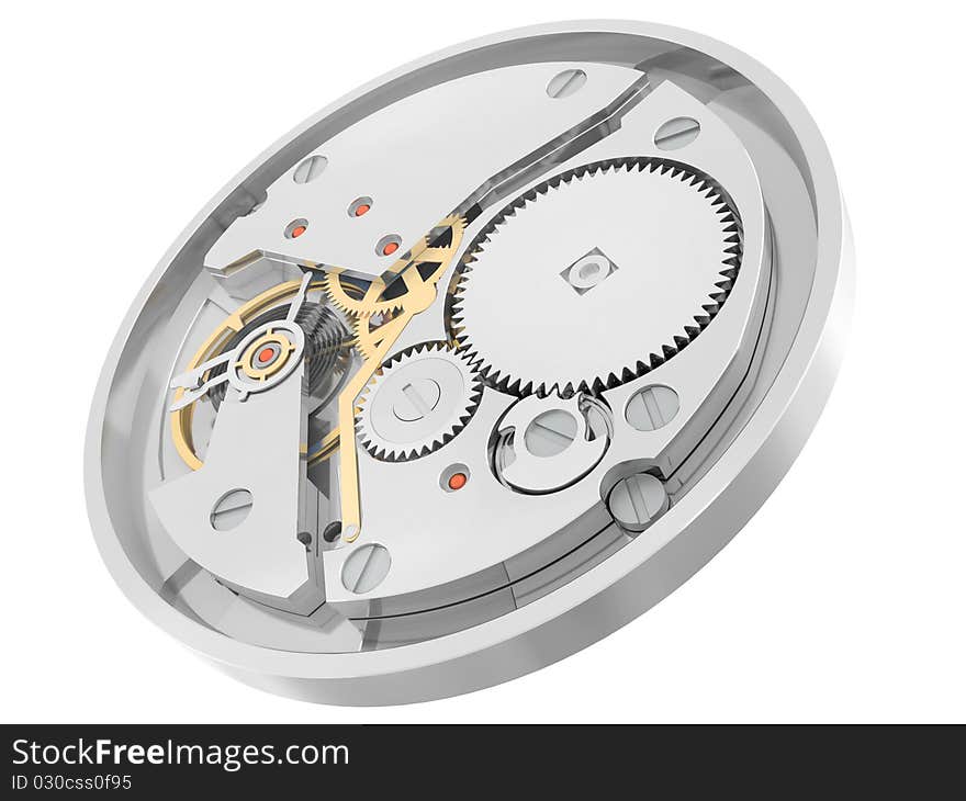 The mechanism of hours with gears and springs isolated on a white background