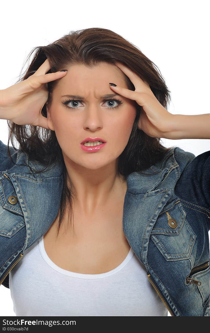 Young attractive woman is terrified and angry. white background