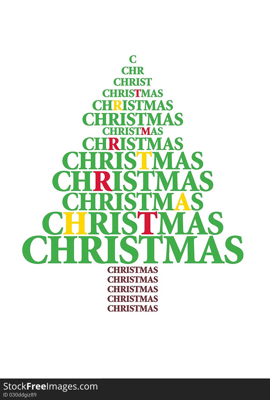 Illustration of a christmas tree made of the word christmas