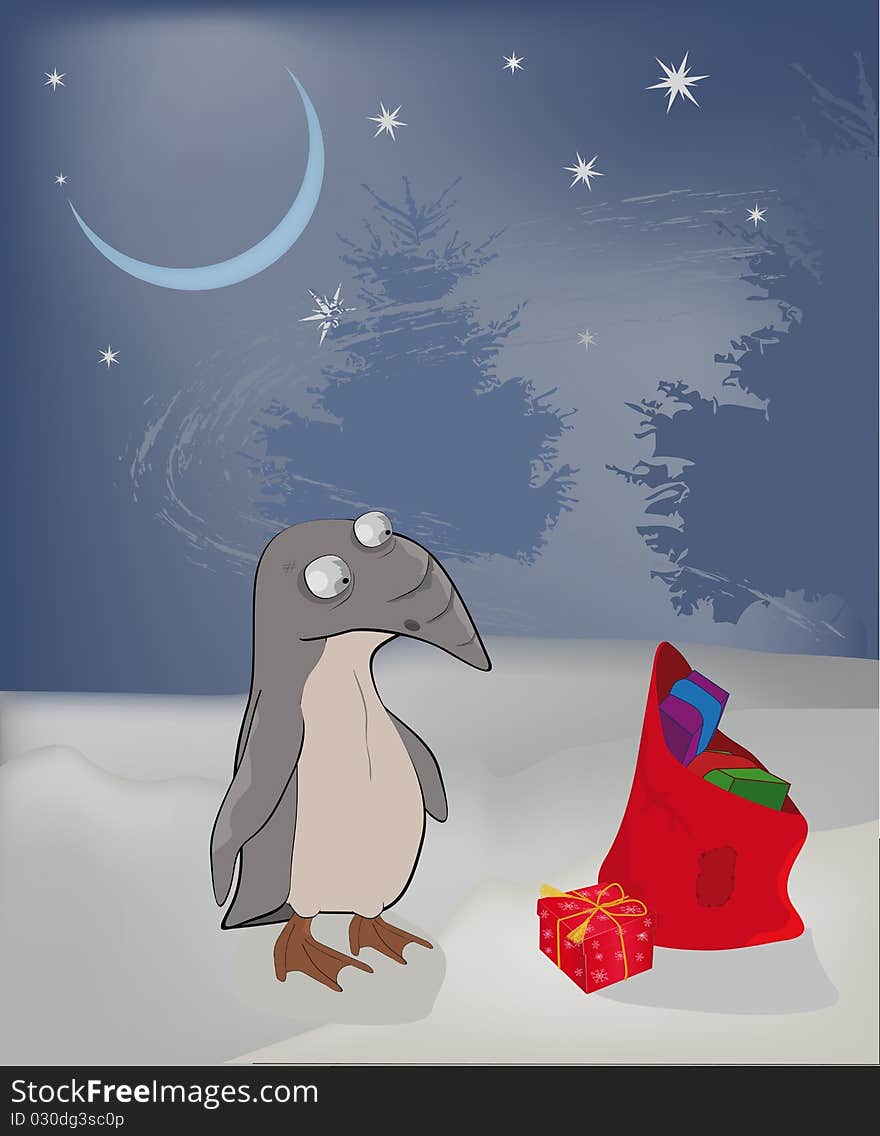 Penguin with a bag with gifts on a night winter background. Penguin with a bag with gifts on a night winter background