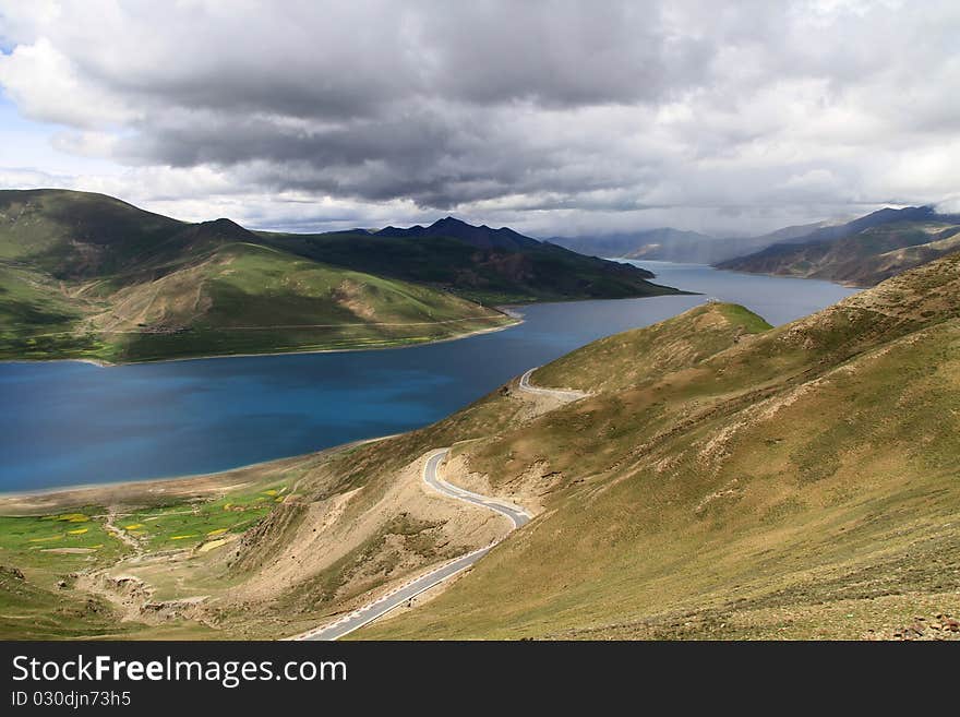 The yamdrok holy lake in tibet. The yamdrok holy lake in tibet