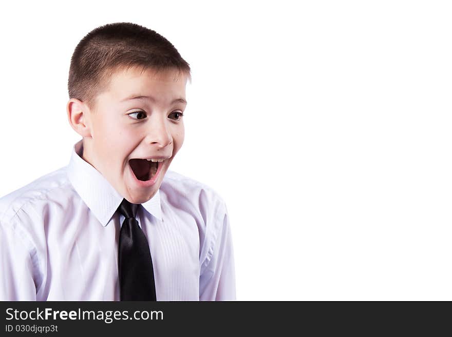 The boy has opened a mouth from surprise, , isolated on white background