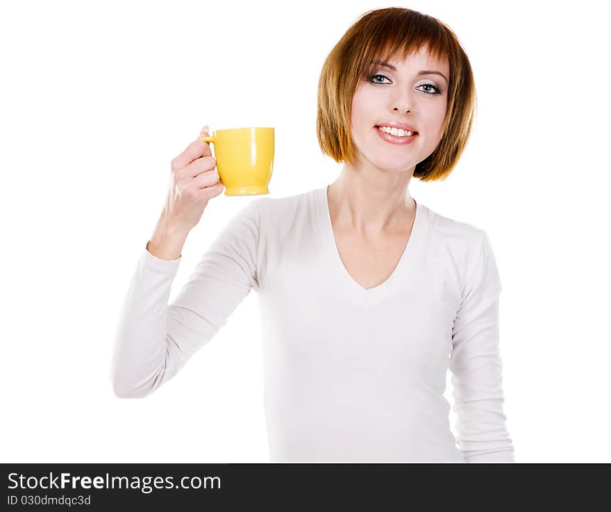 Lovely young woman with a cup of tea against white background. Lovely young woman with a cup of tea against white background