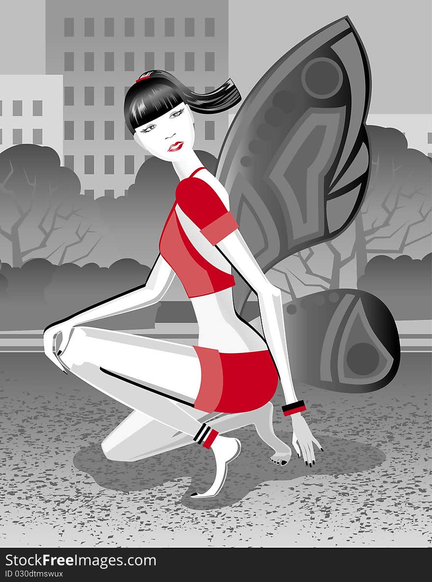 The girl - butterfly. At night the city.