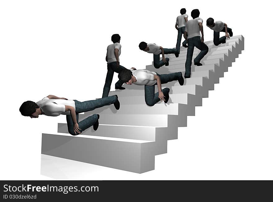 Several men's illustration, ascending and lowering stairways and falling for them