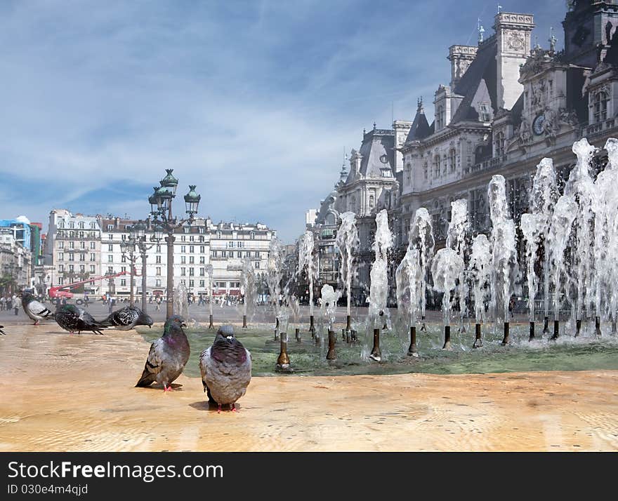 Kind on a fountain with pigeons