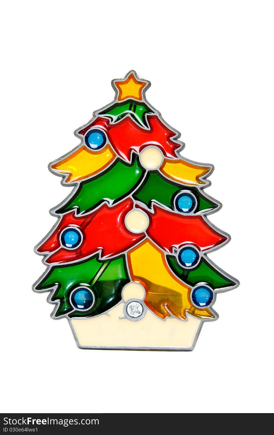 Colorful christmas tree decoration made from stained glass isolated on white background