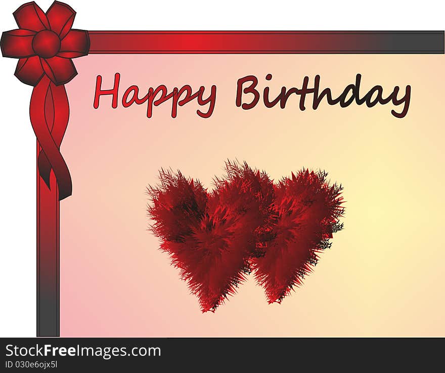 Greeting card with a red bow and hearts for the holiday birthday