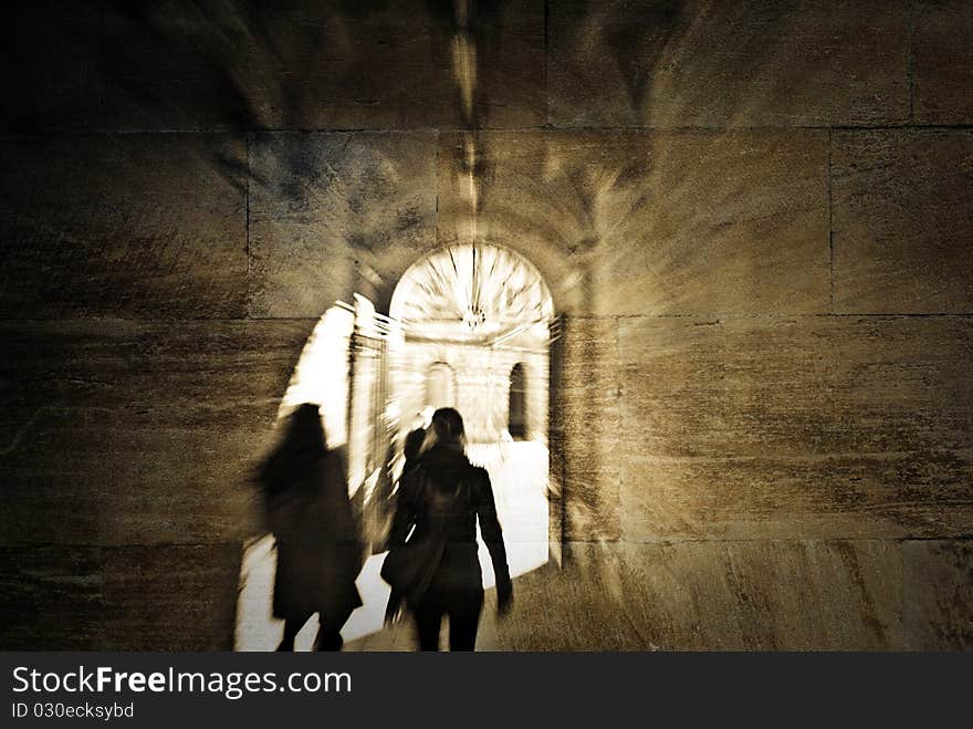 Walking collage with women walking through old gateway in Oxford, Oxfordshire, England.