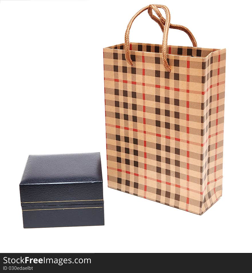 Bag and gift box isolated on white