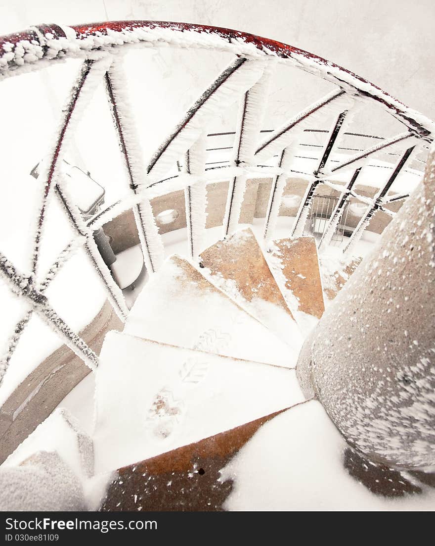 Stairs in winter with snow, outdoor.