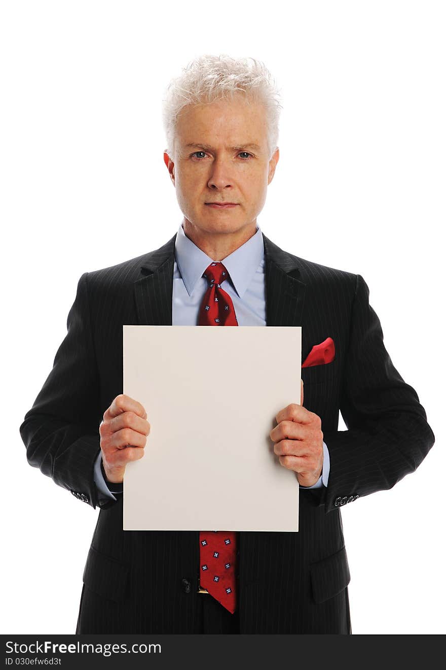 Bisinessman holding a white sign isolated on a white background. Bisinessman holding a white sign isolated on a white background