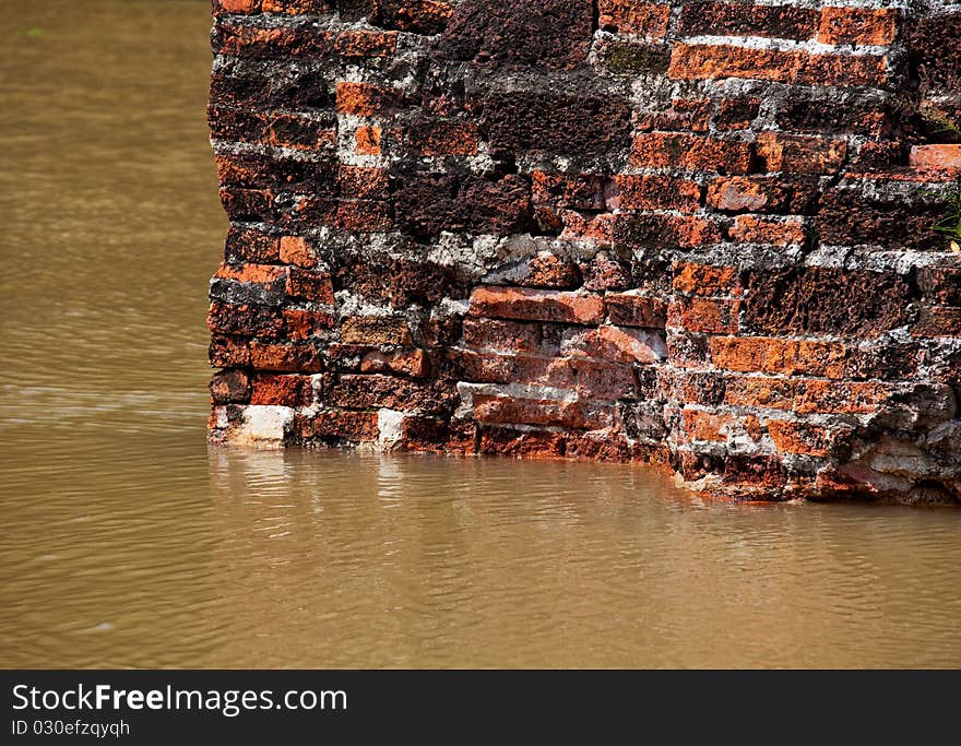 Old brick wall flood in Thailand