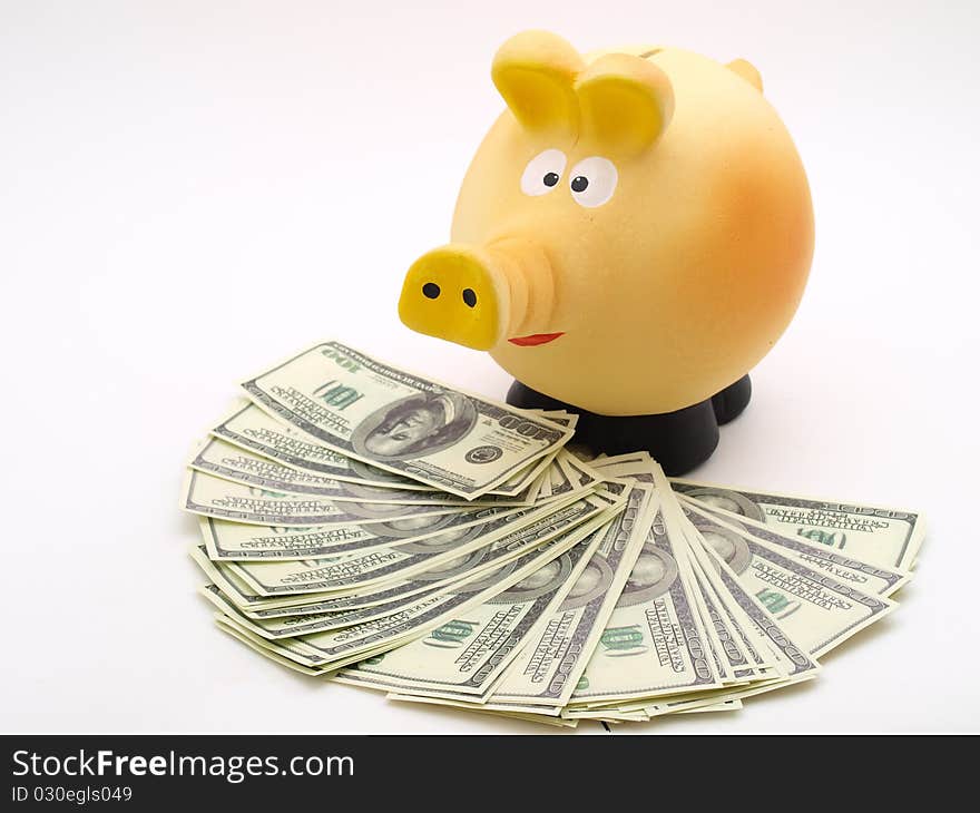 Piggy piggy bank on white background with money