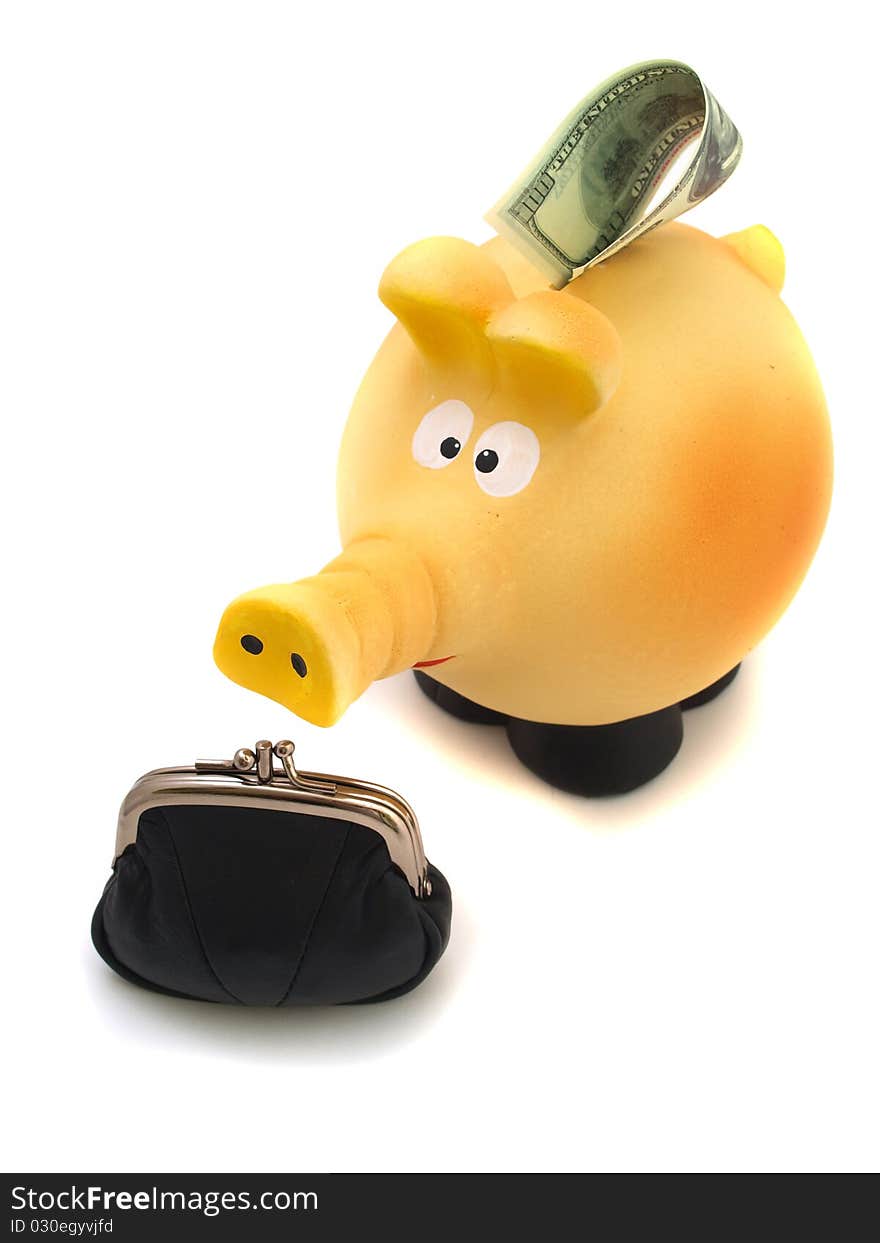 Piggy piggy bank with a black purse