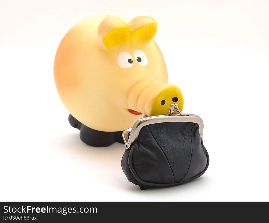 Piggy piggy bank with a black purse on a white background