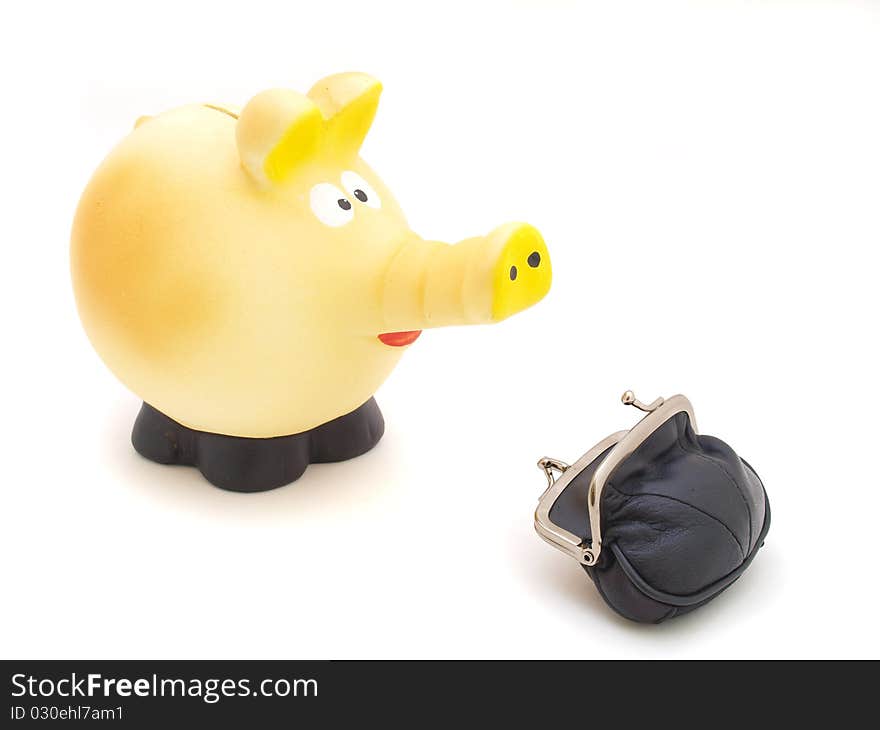 Piggy piggy bank with a black purse on a white background