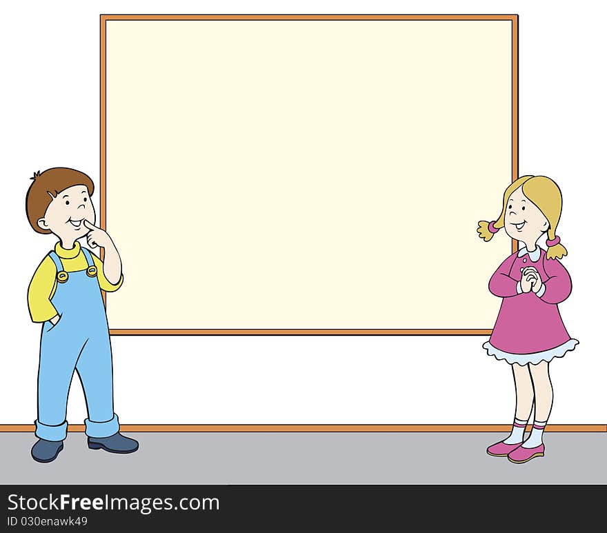 Vector image. Boy and a girl near the framework in the form of posters. Vector image. Boy and a girl near the framework in the form of posters