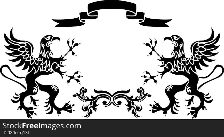 Stencil framework: griffins with a ribbon and a branch. Stencil framework: griffins with a ribbon and a branch