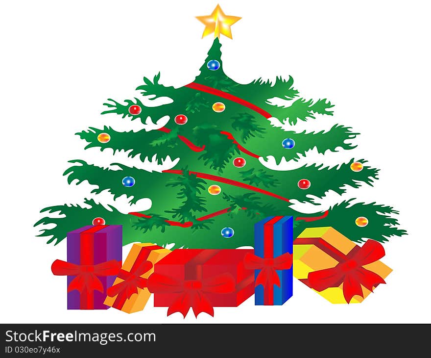 Decorated Christmas tree with presents underneath vector