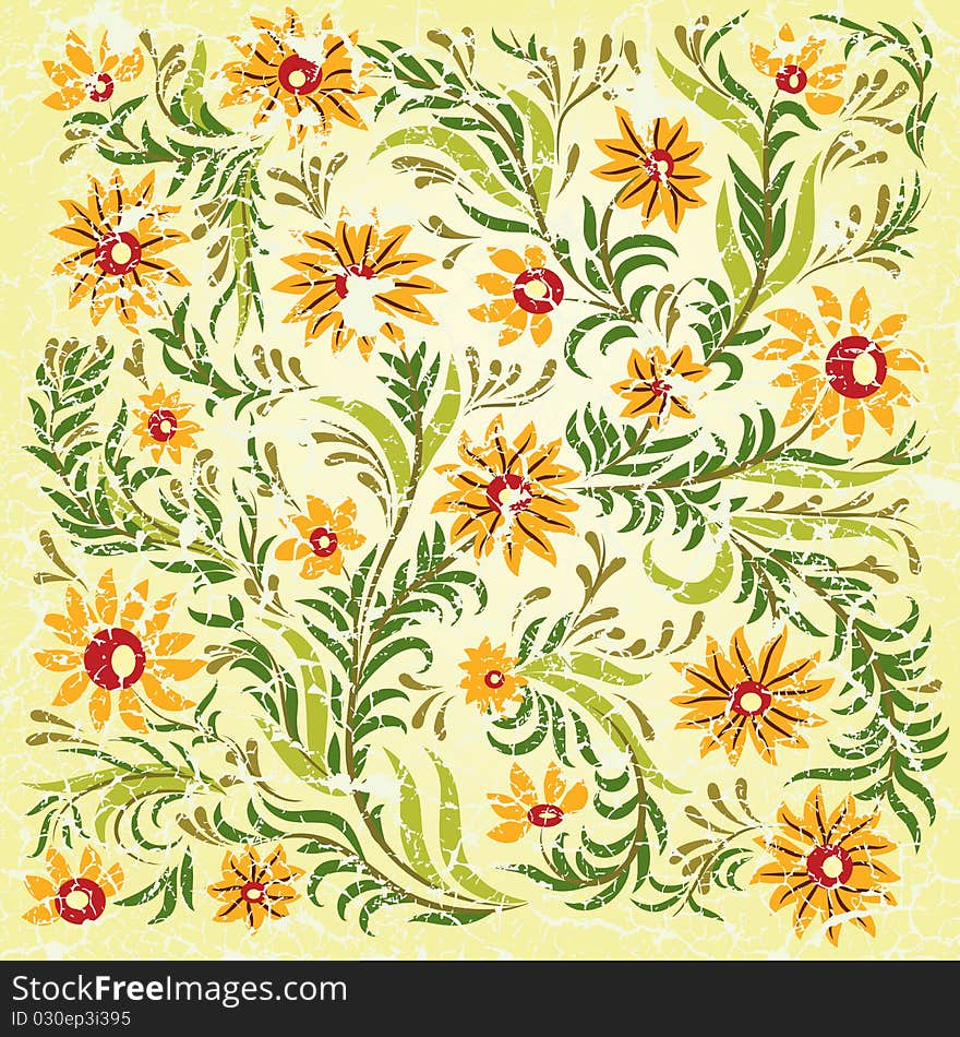 Abstract cracked yellow background with floral ornament