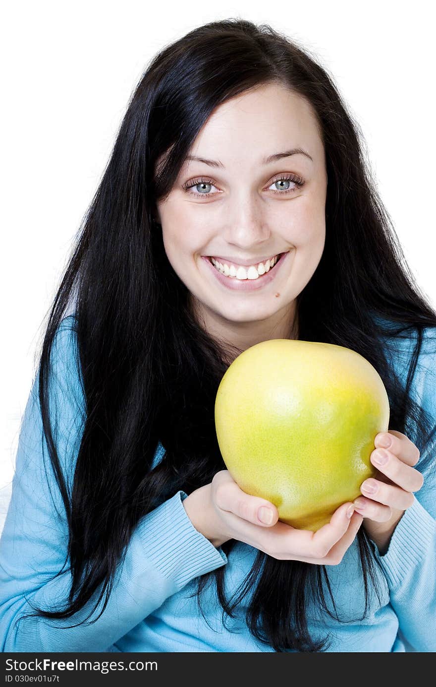 Girl holding yellow pomelo isolated